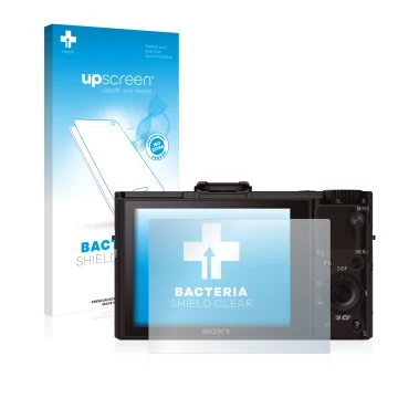 Parte frontal de un envase de producto con el logotipo de la marca upscreen. Al lado se muestra el dispositivo Sony Cyber-Shot