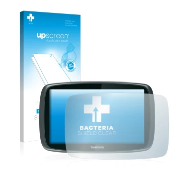 Parte frontal de un envase de producto con el logotipo de la marca upscreen. Al lado se muestra el dispositivo TomTom GO 6000 