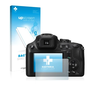 Parte frontal de un envase de producto con el logotipo de la marca upscreen. Al lado se muestra el dispositivo Panasonic Lumix