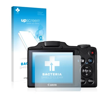 Parte frontal de un envase de producto con el logotipo de la marca upscreen. Al lado se muestra el dispositivo Canon PowerShot