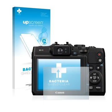Parte frontal de un envase de producto con el logotipo de la marca upscreen. Al lado se muestra el dispositivo Canon PowerShot