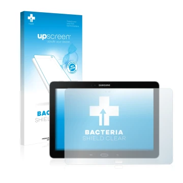 Parte frontal de un envase de producto con el logotipo de la marca upscreen. Al lado se muestra el dispositivo Samsung Galaxy 