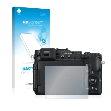 Parte frontal de un envase de producto con el logotipo de la marca upscreen. Al lado se muestra el dispositivo Nikon Coolpix P