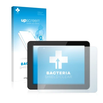 Parte frontal de un envase de producto con el logotipo de la marca upscreen. Al lado se muestra el dispositivo BQ Curie 2 con 