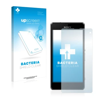 Parte frontal de un envase de producto con el logotipo de la marca upscreen. Al lado se muestra el dispositivo Sony Xperia Z1 