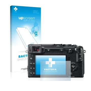 Parte frontal de un envase de producto con el logotipo de la marca upscreen. Al lado se muestra el dispositivo Fujifilm X-E2 c