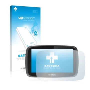 Parte frontal de un envase de producto con el logotipo de la marca upscreen. Al lado se muestra el dispositivo TomTom GO 5000 