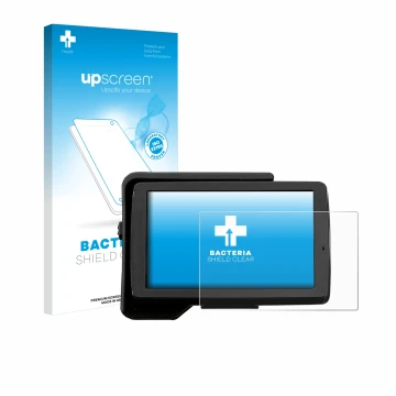 Parte frontal de un envase de producto con el logotipo de la marca upscreen. Al lado se muestra el dispositivo BMW R 1200 GS 2