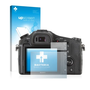 Parte frontal de un envase de producto con el logotipo de la marca upscreen. Al lado se muestra el dispositivo Sony Cyber-Shot