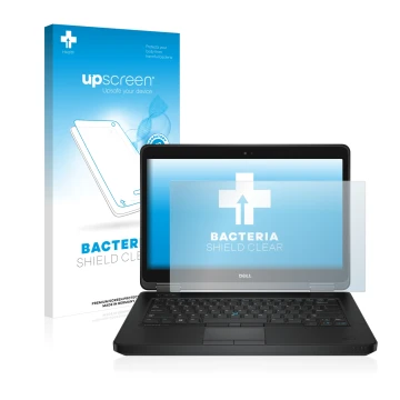Parte frontal de un envase de producto con el logotipo de la marca upscreen. Al lado se muestra el dispositivo Dell Latitude 1