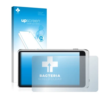 Parte frontal de un envase de producto con el logotipo de la marca upscreen. Al lado se muestra el dispositivo Samsung Galaxy 