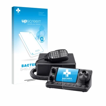 Parte frontal de un envase de producto con el logotipo de la marca upscreen. Al lado se muestra el dispositivo Icom IC-7100 co