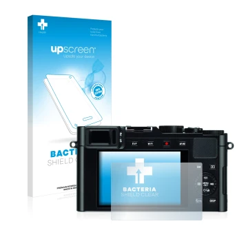 Parte frontal de un envase de producto con el logotipo de la marca upscreen. Al lado se muestra el dispositivo Leica D-Lux (Ty