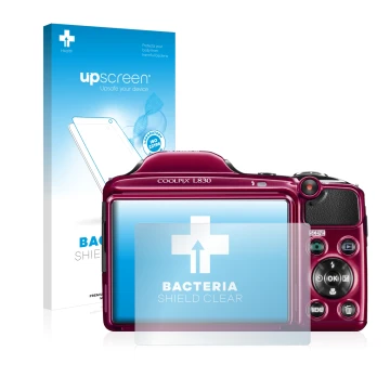 Parte frontal de un envase de producto con el logotipo de la marca upscreen. Al lado se muestra el dispositivo Nikon Coolpix L