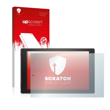 Parte frontal de un envase de producto con el logotipo de la marca upscreen. Al lado se muestra el dispositivo Lenovo ThinkPad