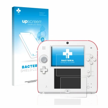 Parte frontal de un envase de producto con el logotipo de la marca upscreen. Al lado se muestra el dispositivo Nintendo 2DS co