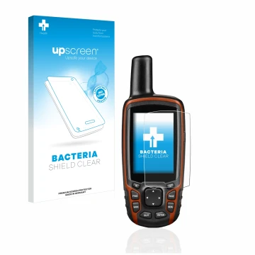 Parte frontal de un envase de producto con el logotipo de la marca upscreen. Al lado se muestra el dispositivo Garmin GPSMAP 6