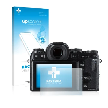 Parte frontal de un envase de producto con el logotipo de la marca upscreen. Al lado se muestra el dispositivo Fujifilm X-T1 c