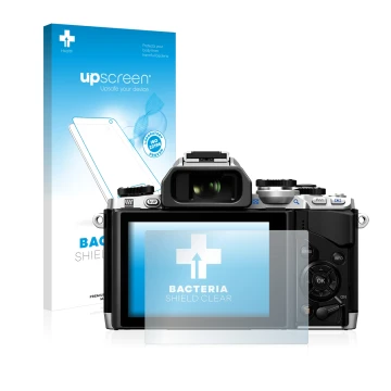 Parte frontal de un envase de producto con el logotipo de la marca upscreen. Al lado se muestra el dispositivo Olympus OM-D E-