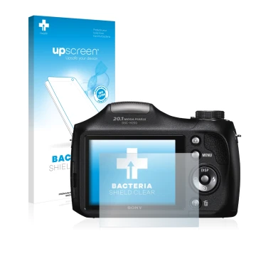 Parte frontal de un envase de producto con el logotipo de la marca upscreen. Al lado se muestra el dispositivo Sony Cyber-Shot