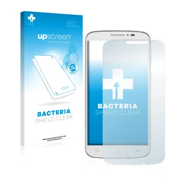 Parte frontal de un envase de producto con el logotipo de la marca upscreen. Al lado se muestra el dispositivo Alcatel One Tou