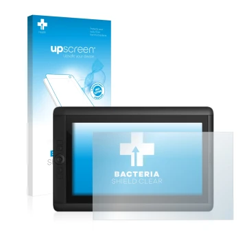 Parte frontal de un envase de producto con el logotipo de la marca upscreen. Al lado se muestra el dispositivo Wacom Cintiq 13
