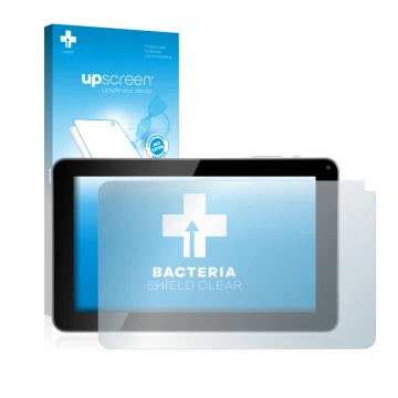 Parte frontal de un envase de producto con el logotipo de la marca upscreen. Al lado se muestra el dispositivo Kliver Klipad 9