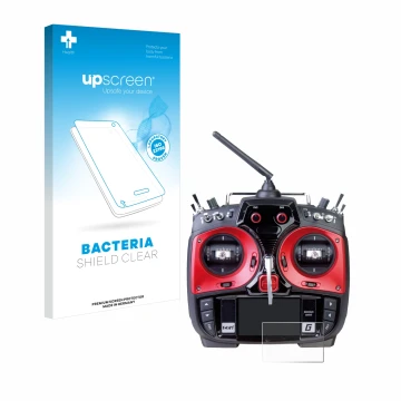 Parte frontal de un envase de producto con el logotipo de la marca upscreen. Al lado se muestra el dispositivo Graupner MZ-24 