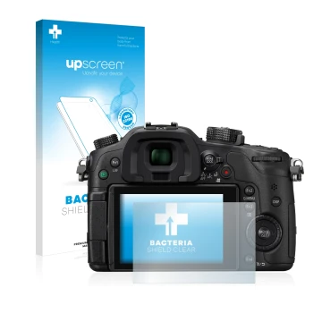 Parte frontal de un envase de producto con el logotipo de la marca upscreen. Al lado se muestra el dispositivo Panasonic Lumix