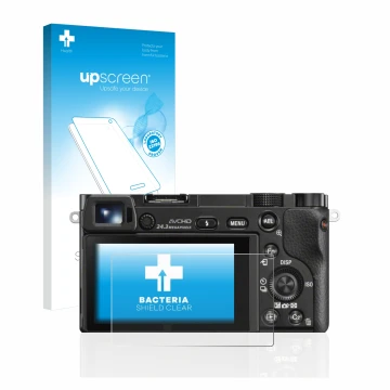 Parte frontal de un envase de producto con el logotipo de la marca upscreen. Al lado se muestra el dispositivo Sony Alpha 6000