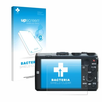 Parte frontal de un envase de producto con el logotipo de la marca upscreen. Al lado se muestra el dispositivo Sony Cyber-Shot