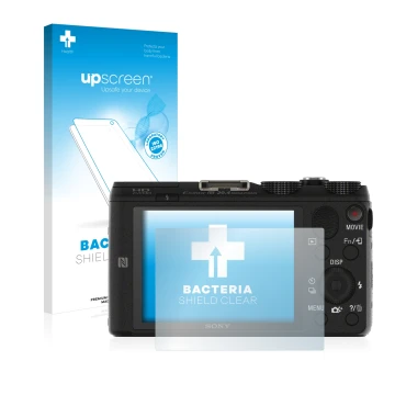 Parte frontal de un envase de producto con el logotipo de la marca upscreen. Al lado se muestra el dispositivo Sony Cyber-Shot