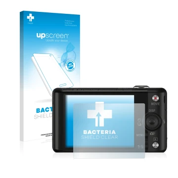 Parte frontal de un envase de producto con el logotipo de la marca upscreen. Al lado se muestra el dispositivo Sony Cyber-Shot