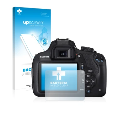 Parte frontal de un envase de producto con el logotipo de la marca upscreen. Al lado se muestra el dispositivo Canon EOS 1200D