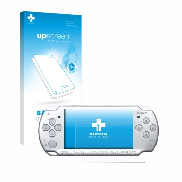 Parte frontal de un envase de producto con el logotipo de la marca upscreen. Al lado se muestra el dispositivo Sony PSP 2004 c