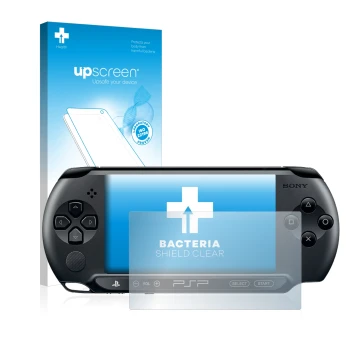 Parte frontal de un envase de producto con el logotipo de la marca upscreen. Al lado se muestra el dispositivo Sony PSP 2000 c
