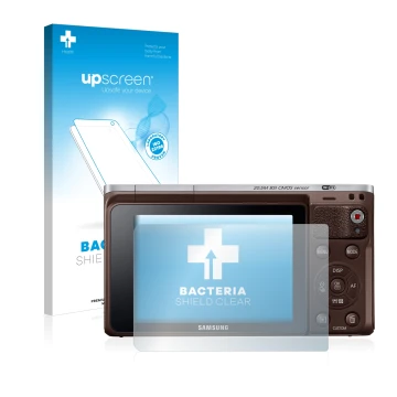 Parte frontal de un envase de producto con el logotipo de la marca upscreen. Al lado se muestra el dispositivo Samsung NX Mini