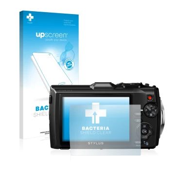Parte frontal de un envase de producto con el logotipo de la marca upscreen. Al lado se muestra el dispositivo Olympus Stylus 