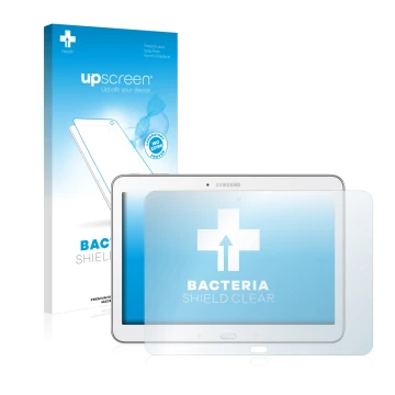 Parte frontal de un envase de producto con el logotipo de la marca upscreen. Al lado se muestra el dispositivo Samsung Galaxy 