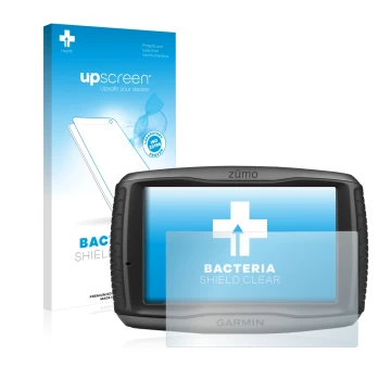 Parte frontal de un envase de producto con el logotipo de la marca upscreen. Al lado se muestra el dispositivo Garmin zumo 590
