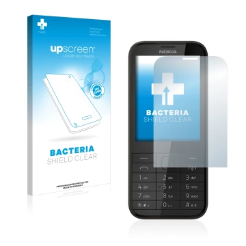 Parte frontal de un envase de producto con el logotipo de la marca upscreen. Al lado se muestra el dispositivo Nokia 225 con s