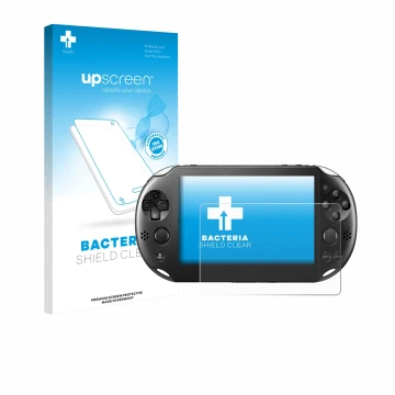 Parte frontal de un envase de producto con el logotipo de la marca upscreen. Al lado se muestra el dispositivo Sony Playstatio