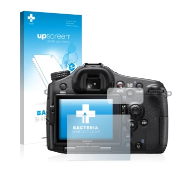 Parte frontal de un envase de producto con el logotipo de la marca upscreen. Al lado se muestra el dispositivo Sony Alpha 77 I