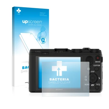 Parte frontal de un envase de producto con el logotipo de la marca upscreen. Al lado se muestra el dispositivo Sony Cyber-Shot