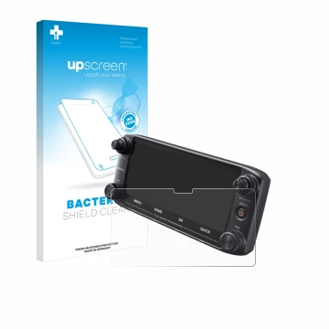 Parte frontal de un envase de producto con el logotipo de la marca upscreen. Al lado se muestra el dispositivo Icom ID-5100 co