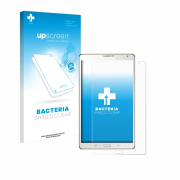 Parte frontal de un envase de producto con el logotipo de la marca upscreen. Al lado se muestra el dispositivo Samsung Galaxy 