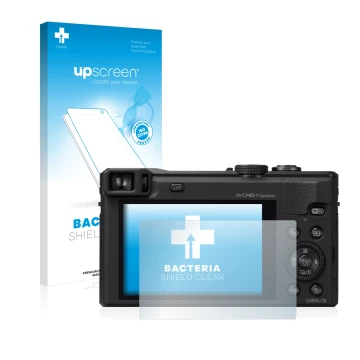 Parte frontal de un envase de producto con el logotipo de la marca upscreen. Al lado se muestra el dispositivo Panasonic Lumix