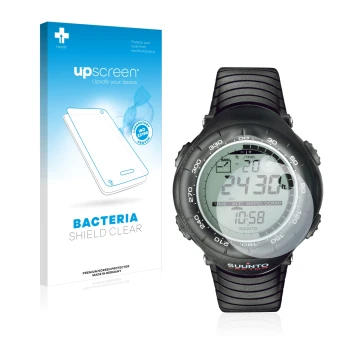 Parte frontal de un envase de producto con el logotipo de la marca upscreen. Al lado se muestra el dispositivo Suunto Vector B