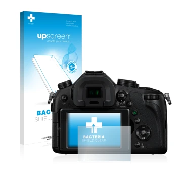 Parte frontal de un envase de producto con el logotipo de la marca upscreen. Al lado se muestra el dispositivo Panasonic Lumix