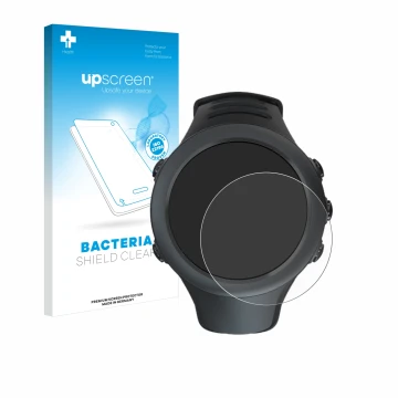 Parte frontal de un envase de producto con el logotipo de la marca upscreen. Al lado se muestra el dispositivo Suunto Ambit3 S